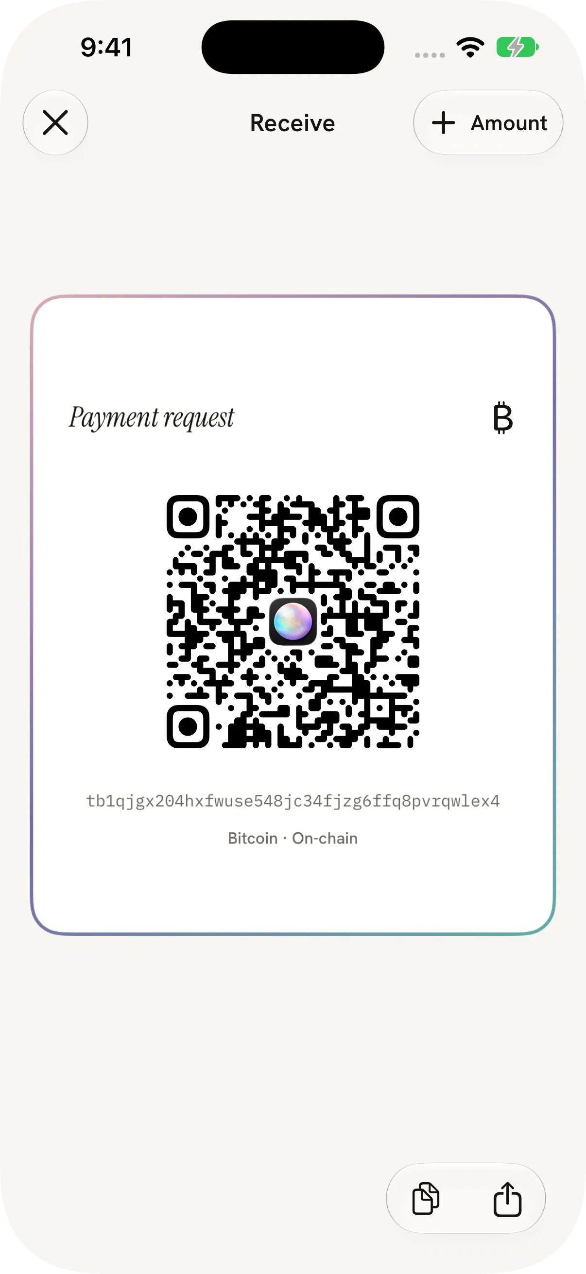 Sats receive screen showing a loaded Bitcoin payment request QR code and copy and share actions.