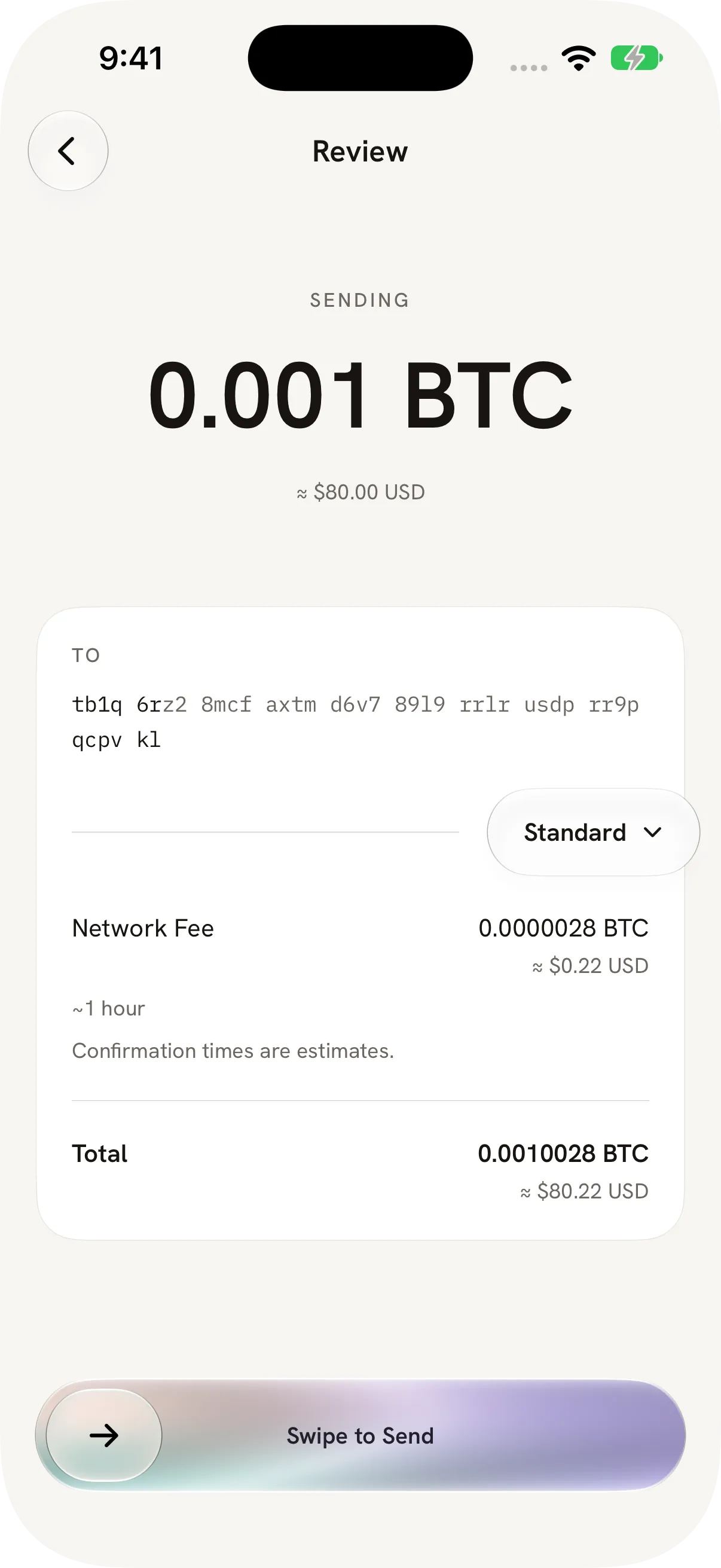 Sats payment review showing the recipient, amount, and network fee.