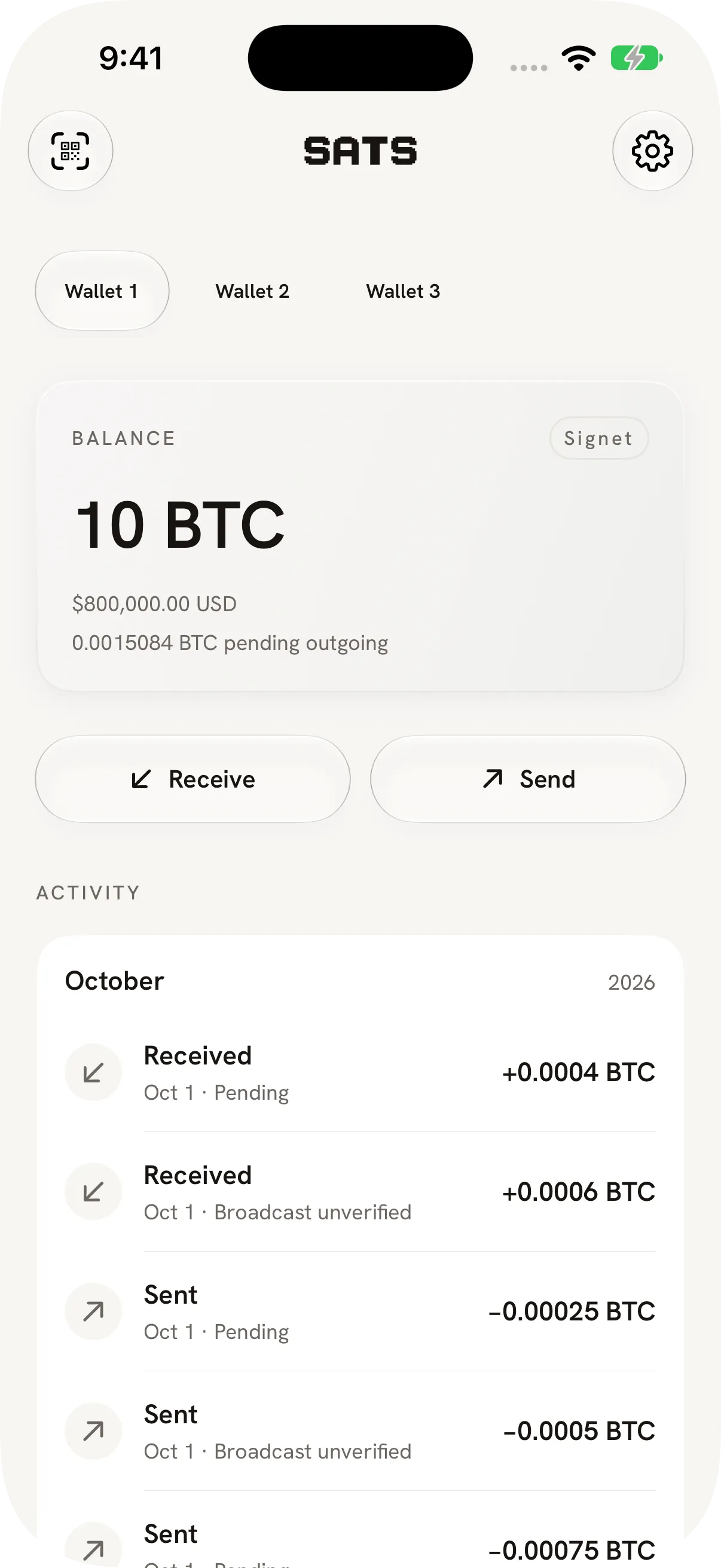 Sats wallet overview showing a demo balance and transaction history.
